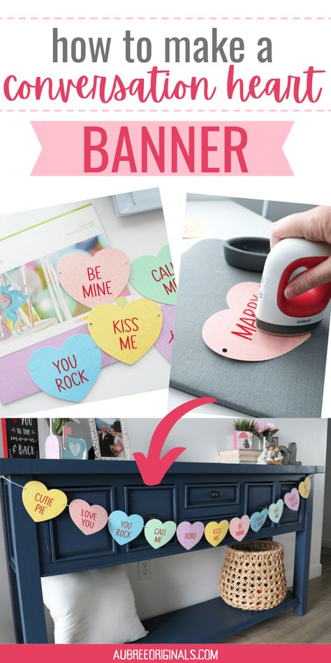 how to make a conversation heart banner with Cricut for Valentine's Day Diy Valentines Garland Simple, Diy Valentines Projects, Valentine Garland Ideas Easy Diy, Kids Valentines Decorations, Easy Valentines Decorations, Valentine’s Day Banner Diy, Diy Valentines Banner, Cricut Valentines Decorations, Cricut Valentines Decor