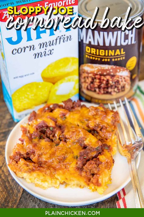 Sloppy Joe Cornbread Bake - comfort food at its best! Sweet cornbread crust topped with sloppy joe meat, and cheese. A weeknight favorite. Everyone always cleans their plate! Jiffy mix, creamed corn, eggs, milk, cheese, ground beef, and Manwich sloppy joe sauce. Super easy to make and tastes great! Finger Foods Appetizer Recipes Easy, Cowboy Casserole With Cornbread, Frugal Ground Beef Recipes, Ground Beef Family Dinner Recipes, Sloppy Ottos, Ground Beef Comfort Food Recipes, Ground Beef Recipes For Dinner Easy Fast, Polish Hamburgers, Best Sweet Cornbread