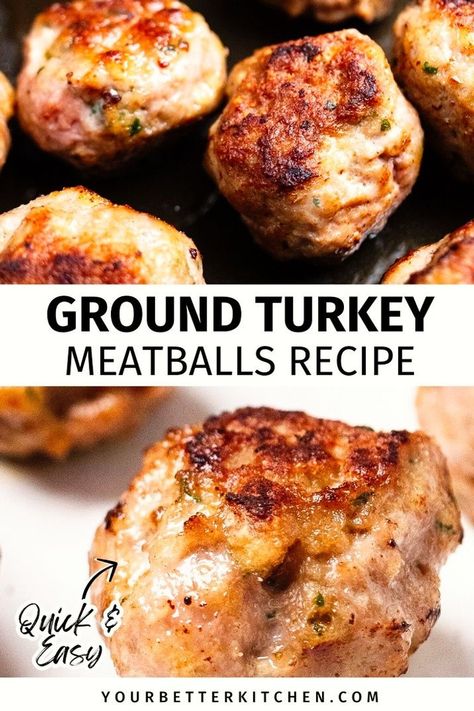 Need delicious and healthy ground turkey recipes? You can't miss these amazingly easy turkey meatballs. Trust me, our recipe is unlike any other. They create the absolute best juicy turkey meatballs you've ever tasted. Great for dinner or appetizers. Enjoy with rice, pasta, and sauce, or as a standalone appetizer. Plus, they're high in protein! Find this healthy meal idea today at yourbetterkitchen.com and explore more healthy dinner recipes. Stove Top Turkey Meatballs, Low Cal Turkey Meatballs, Easy Recipes With Ground Turkey, Meatballs Ground Turkey, Ground Turkey Meatball Recipes, Best Turkey Meatballs, Best Ground Turkey Recipes, Easy Turkey Meatballs, Baked Turkey Meatballs