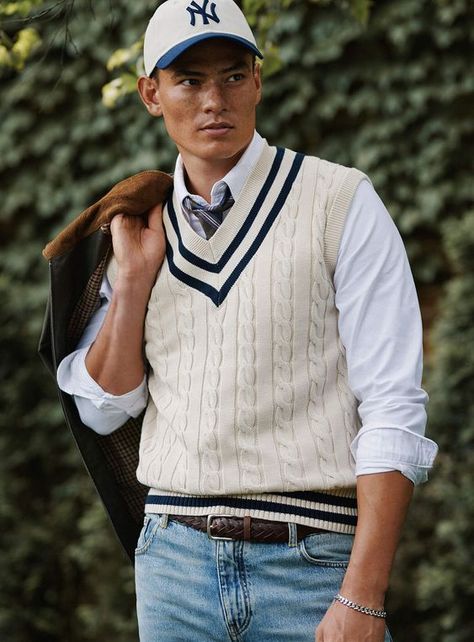 Preppy Outfits Men Aesthetic, Vest Sweater Outfit Men, Sweater Vests Men, Country Club Outfit Men, Men’s Sweater Vest Outfit, Mens Sweater Vest Outfit, Preppy Look Men, Sleeveless Sweater Vest Outfit, Preppy Summer Outfits Men