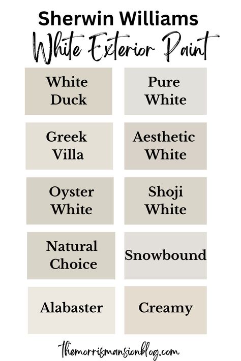 Here are some of the best white exterior colors from sherwin williams: white duck, pure white, greek villa, aesthetic white, oyster white, shoji white, natural choice, snowbound, alabaster, and creamy Best Off White Paint Color For Walls Sherwin Williams, Exterior Off White Paint Colors For House, Off White House Black Trim, Creamy White Farmhouse Exterior, Creamy White Exterior Paint Colors Sherwin Williams, Original White Sherwin Williams Exterior, Exterior White Paint Colors For House Sherwin Williams, Cream White House Exterior, Sherwin Williams Exterior White Colors