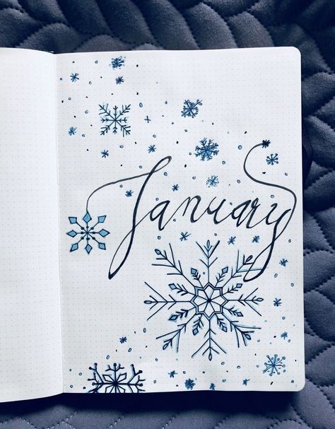 January Bujo Theme Ideas, Snowflake Bullet Journal, Monthly Cover Page Bullet Journal, January Cover Page Bullet Journal, Bujo First Page Ideas, January Bujo Theme, Bujo January Theme, January Doodles, Journal Month Page