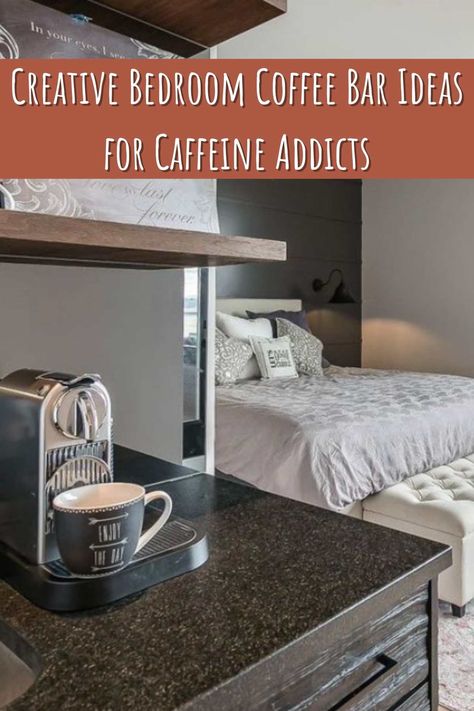 Bedroom Coffee Bar With Fridge, Small Coffee Nook In Bedroom, Small Bedroom Coffee Bar, Keurig In Bedroom, Coffee Bar For Bedroom, Coffee Bar Bedroom Master Suite Mini Fridge, Mini Bar In Bedroom Master Suite, Bedroom Coffee Nook, Bedroom With Coffee Station