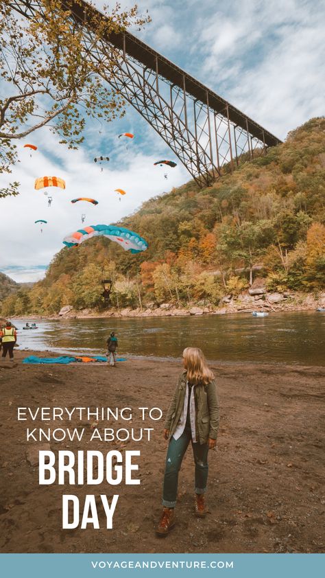 Bridge Day is West Virginia’s largest and wildest event for adventure lovers where hundreds of people base jump over 850 feet off of the New River Gorge Bridge into the valley below. It’s the only day of the year that they close down this bridge so that thousands of people can watch these jumpers who come from all over the world catapult into the Gorge. Here’s everything you need to know before you attend Bridge Day! #basejumping #BridgeDay #WestVirginia #Adventuresports Bridge Day West Virginia, People Base, New River Gorge Bridge, West Virginia Travel, Base Jump, New River Gorge, Virginia Travel, Base Jumping, The Gorge