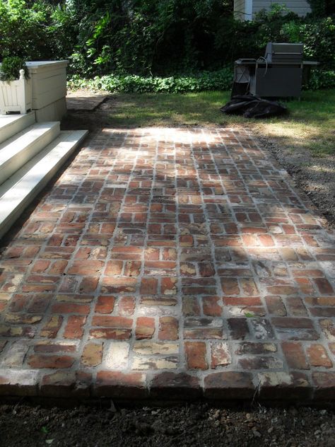 reclaimed brick patio - reuse the bricks from the old stack chimney Reclaimed Brick Patio, Concrete Patios, Brick Patio, Brick Path, Recycled Brick, Brick Walkway, Brick Paving, Reclaimed Brick, Brick Pavers