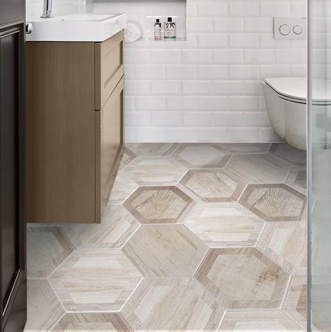 Continuous Tile Floor To Wall Bathroom, Hexagon Lvt Flooring, Groutless Tile Floor, Honeycomb Bathroom Floor, Gray Hexagon Tile Bathroom Floor, Neutral Bathroom Floor Tile, Large Hexagon Tile Bathroom, Bathroom Hexagon Tile Floor, Large Hexagon Tile Floor