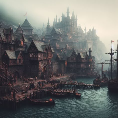 Fantasy Locations, Fantasy Cottage, Gate City, Ancient Kingdom, Dungeons And Dragons Game, My Fantasy World, Landscape Concept, Fantasy City, Fantasy Setting