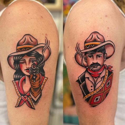 Peter Thorne | Matching pair for my buddy Tristan! Thanks man, made @nomansland.tattoo | Instagram Matching Tattoos Back Of Arm, Couple Tattoo Traditional, American Traditional Wedding Tattoo, Couples American Traditional Tattoo, Army Traditional Tattoo, Couples Traditional Tattoo, True Love Traditional Tattoo, Couple Traditional Tattoo, American Traditional Couple Tattoo