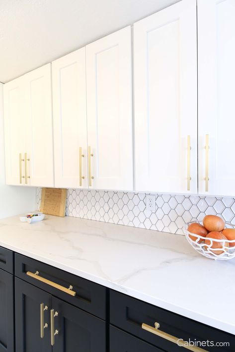 Classic Black & White Galley Kitchen with Gold Hardware - Cabinets.com Black And White Galley Kitchen, White Galley Kitchen, Gold Kitchen Hardware, Online Kitchen Cabinets, Two Tone Kitchen, Mid Century Modern Kitchen, New Kitchen Cabinets, Gold Kitchen, Modern Kitchen Cabinets