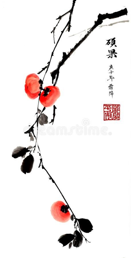 Chinese traditional distinguished gorgeous decorative hand-painted ink-Persimmon vector illustration Chinese Painting Traditional, Japanese Ink Painting, Chinese Drawings, China Ink, Chinese Illustration, Zen Painting, Traditional Chinese Art, Chinese Artwork, Sumi E Painting