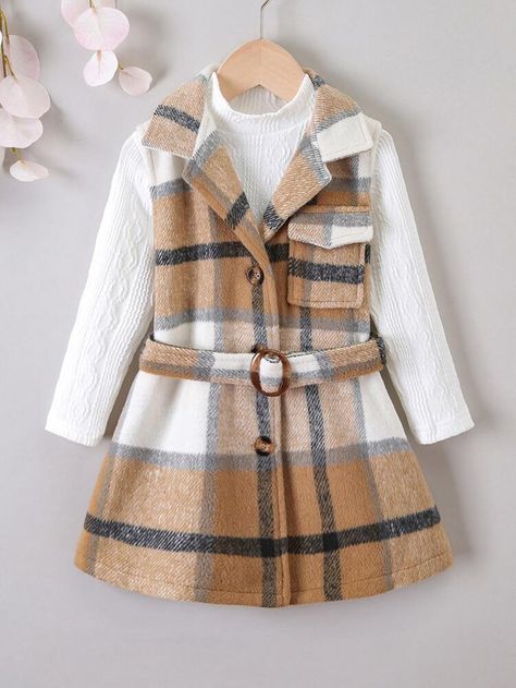 Kids Winter Outfits, Winter Outfits For Girls, Set Outfits, فستان سهرة, Belted Jacket, Sleeveless Jacket, Girls Clothing Sets, Long Sleeve Plaid