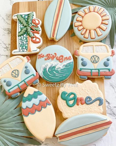 Summer Boy First Birthday, The Big One Surf Theme Birthday, Wave Birthday Theme, Big Wave First Birthday, Surf Smash Cake, 1st Wave Birthday, Wave First Birthday, June 1st Birthday Boy, Surf Birthday Cookies