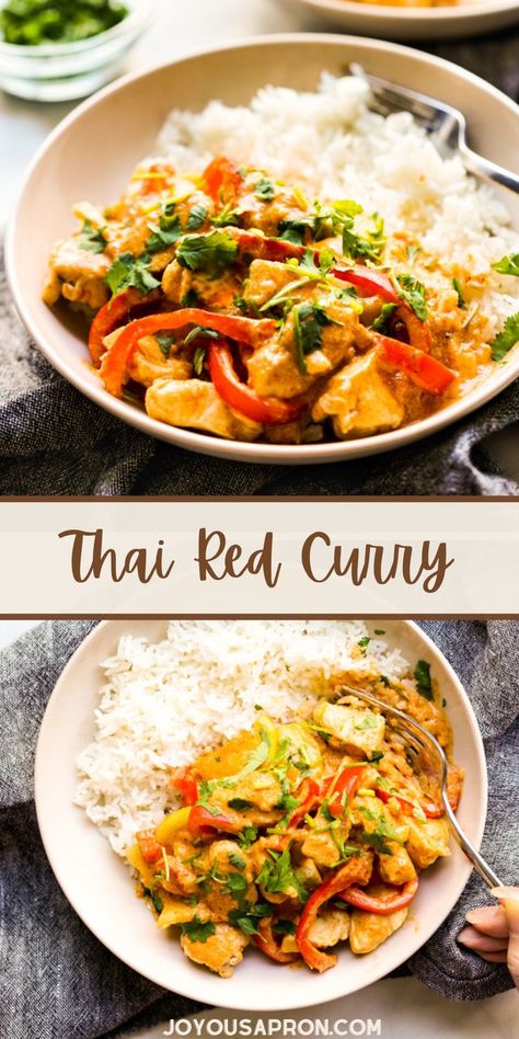 Thai Red Curry Chicken - an easy and yummy coconut curry recipe with chicken, bell peppers, and bamboo shoots. Ready in 30 minutes, it makes a tasty Asian dinner meal on busy evenings. Healthy, spicy and so flavorful! Curry Recipes Spicy, Thai Red Curry Chicken And Vegetables, Red Thai Chicken Curry, Thai Dinner Recipes, Thai Coconut Curry Chicken, Thai Red Curry Chicken, Joyous Apron, Coconut Curry Recipe, Creamy Coconut Curry