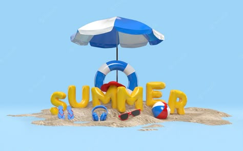 Premium Photo | 3d text summer on beach island with beach umbrella, sun glass, flip-flops, ball, ring floating . design of summer vacation holiday concept. 3d rendering Blue Suitcase, Safari Decorations, Sun Glass, Man And Dog, 3d Text, Backdrop Design, Summer Theme, Beach Island, Beach Umbrella