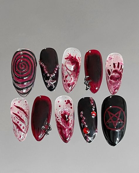 Who says gore nails are just for Halloween?🎃🩸 Meet Bloody Ritual—a set designed for those who embrace dark elegance all year long!💀 These medium-length almond nails (Size L) bring a fierce, edgy vibe to any season. Dare to stand out with a touch of blood and mystery? • • • • #BloodyRitual #GoreNails #PressOnNails #NailArt #custompresson #fyp #halloween #halloweennails #gore #november #poseamericaine #lesongles #fauxongles #custompressonnails #handpainted Blood Nails Design, Gore Nails, Blood Nails, Nails Size, Dark Elegance, Really Cute Nails, New Year's Nails, Nail Sizes, Dream Nails