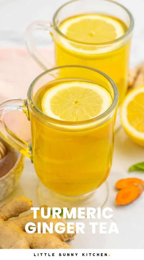 Ginger Tumeric Tea, Turmeric And Ginger Tea, Tumeric Tea Recipe, Tea For Inflammation, Turmeric Ginger Tea, Raw Ginger, Turmeric Drink, Little Sunny Kitchen, Turmeric And Ginger