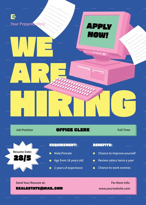 Blue Office Clerk Job Hiring Flyer Job Advertisement Poster, Job Hiring Poster, Hiring Flyer, Web Design Jobs, Hiring Poster, Job Poster, Real Estate Marketing Design, School Jobs, Recruitment Poster