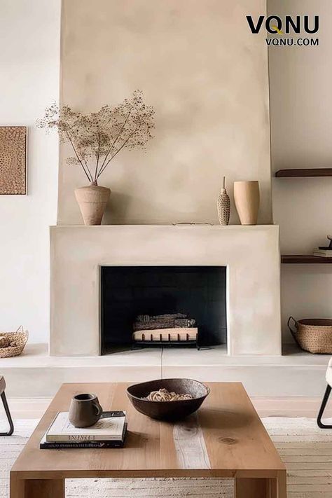 Wabi Sabi Fireplace Decor, Minimalist Fireplace Ideas, Modern Mediterranean Fireplace, Modern Organic Fireplace, Fireplace Minimal, California Fireplace, Japandi Fireplace, Fireplace Minimalist, Minimal Fireplace