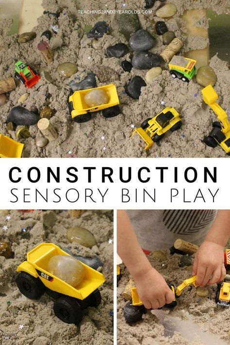 It's easy to make a construction sensory bin when using kinetic sand. Simply mix it with some loose parts and add construction vehicles, and it's ready to go! #sensorybin #construction #finemotor #toddlers #preschool #classroom #teachers #homeschool #play #AGE2 #AGE3 #AGE4 #teaching2and3yearolds Preschool Construction, Sensory Bin Play, Sensory Table Ideas, Sensory Tubs, Preschool Sensory, Sensory Ideas, Transportation Theme, Sensory Boxes, Sand Play