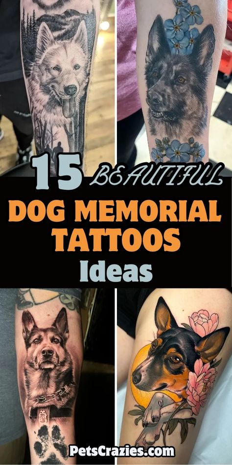 This image showcases four beautiful dog memorial tattoo ideas. The text "15 Beautiful Dog Memorial Tattoos Ideas" is prominently displayed in bold, with various designs ranging from realistic dog portraits to floral and paw print elements. The tattoos feature intricate details, capturing the essence of beloved pets, and offer inspiration for those seeking a meaningful way to honor their dogs' memory through body art. Dog Memorial Tattoos Men, Dog Tattoo Forearm, Dog Memorial Tattoo, Memorial Tattoo Ideas, Pet Memorial Tattoo, Dog Memorial Tattoos, All Ideas, Meaningful Tattoo, Memorial Tattoo