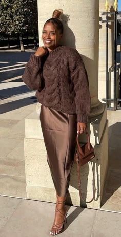 Sweater And Satin Skirt Outfit, Mauve Skirt Outfit, Monochrome Work Outfit, Brown Slip Skirt Outfit, Brown Skirt Outfit Fall, Brown Silk Skirt Outfit, Satin Skirt Winter Outfit, Sunday Winter Outfit, Sunday Church Outfit Winter