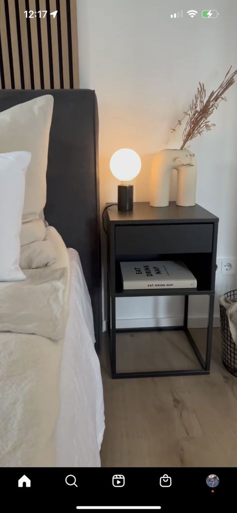 Dark Grey Nightstand Bedroom, Grey Bed With Black Nightstand, Bedroom With Black Bedside Table, Metal Bed Side Table Ideas, Dark Bedside Table Ideas, Grey Bed Black Nightstand, Black Bed Side Table Ideas, Night Stand Minimalist, Black Side Tables Bedroom