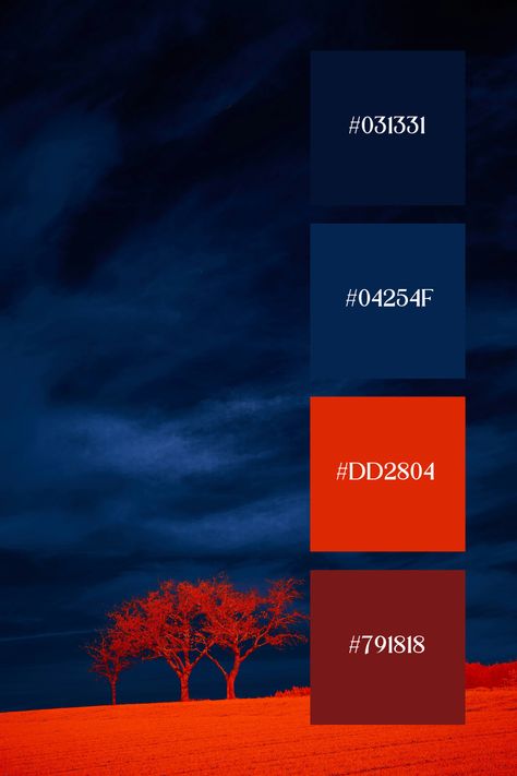 A dramatic landscape with a vividly colored tree line against a deep and darkened sky. This blue and red palette showing how  strong contrast between the foreground and background creates a powerful and surreal visual effect. Deep Red And Blue Color Palette, Dark Blue Complementary Colors, Deep Blue Color Combination, Color Palette Blue And Red, Lightning Color Palette, Blue Complementary Color Palette, Red And Blue Colour Palette, Brand Color Combinations, Two Colours Combinations