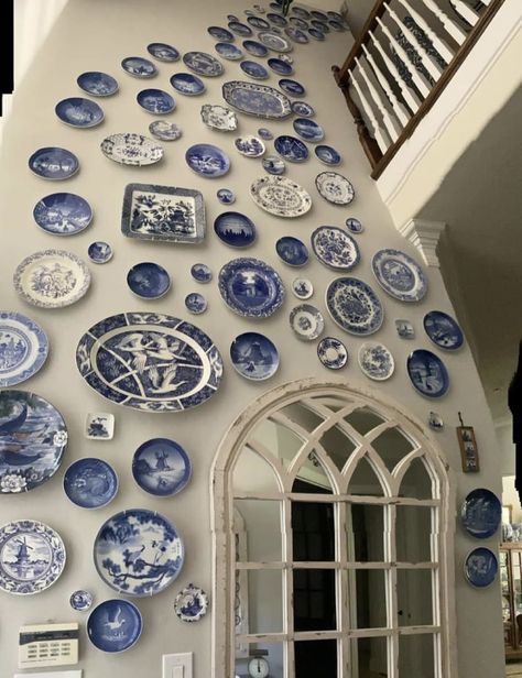 Blue Plates Wall, Blue White Plates, Plate Wall Display, Decorating With Blue And White Porcelain, Hobby Lobby Crafts, Blue Dishes, Entryway Wall Decor, Blue White Decor, Blue Plate