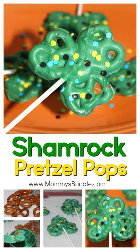 Super Easy St. Patrick's Day snacks for kids and adults! Shamrock pretzels make a fun dessert idea or party treat! Shamrock Pretzel Pops, Shamrock Pretzels, Pretzel Pops, St Patricks Food, St Patrick Day Snacks, Sant Patrick, Fete Saint Patrick, St Patrick Day Treats, St Patricks Crafts