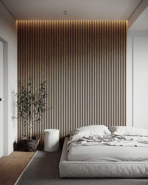 Wood Slat Trend - The Merrythought Contemporary Bedroom Design, Japandi Design, Japandi Interior, Interior Minimalista, Simple Bedroom, Bedroom Designs, Contemporary Bedroom, Luxurious Bedrooms, Wooden Wall