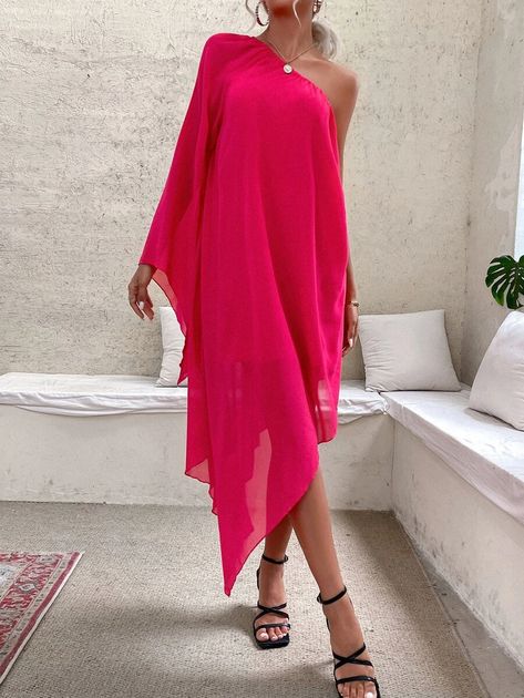 One Shoulder Batwing Sleeve Hanky Hem Dress | SHEIN USA One Shoulder Kaftan Dress, One Shoulder Kaftan, Batwing Dress, Hanky Hem, African Fashion Women Clothing, African Fashion Women, Fashion Hacks Clothes, Kaftan Dress, Batwing Sleeve