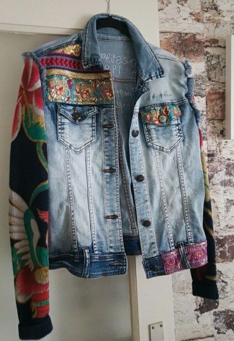 Jean Jacket Diy Upcycling, Boho Denim Jacket, Upcycled Jackets, Upcycled Denim Jacket, Diy Denim Jacket, Wearable Art Clothing, Embellished Denim Jacket, Denim Embroidery, Embellished Clothing