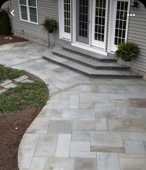 Concrete Steps Outdoor, Backdoor Steps To Patio, Patio With Steps, House Walkway, Ranch Makeover, Paver Steps, Patio Stairs, Concrete Patio Makeover, Cement Patio