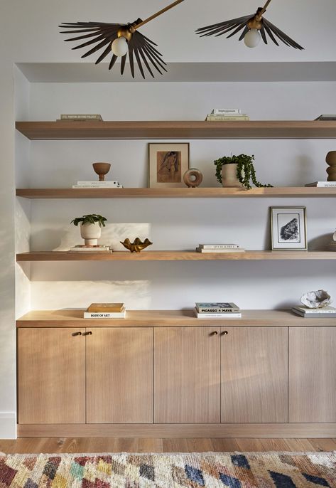 Open Shelving In Office, Home Office Wood Shelves, Maple Built Ins, Home Office Open Shelving, New And Old Interior Design, Built In Bookshelves With Storage, Living Room Wall Shelving, Japandi Built In, Scandinavian Built Ins