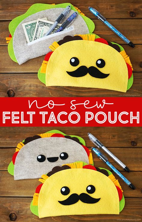 No-Sew Felt Taco Pouch #felt #feltcrafts #kuninfelt #nosew #pencilpouch #diycrafts #freepattern #kidscrafts #backtoschool #schoolcrafts #teencrafts #kidsactivities #teenactivities #taco #tacocrafts #tacotuesday #tacos #feltfood #nosewcrafts #diyschoolsupplies Felt Tacos Diy, Felt Coin Purse Diy, No Sew Felt Crafts, Felt Taco, Take And Make Crafts, Sewing Projects For Teens, After School Program Activities, Felt Crafts For Kids, Felt Patterns Free