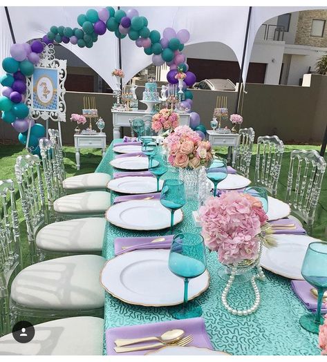 Girly Party Ideas, Mermaid Birthday Party Decorations, Mermaid Theme Birthday Party, 5th Birthday Party Ideas, Mermaid Party Decorations, Mermaid Theme Party, Girl Birthday Decorations, Sea Birthday Party, Mermaid Baby Showers