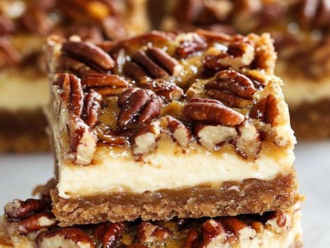 Rich & Creamy Pecan Pie Cheesecake Bars – The Best of Both Worlds! - NewsBreak Praline Crumb Caramel Cheesecake Bars, Kentucky Derby Pecan Pie Cheesecake, Pecan Pie Cheesecake Bars Recipe, Creamy Pecan Pie, Pecan Cheesecake Pie, Lemon Creme Cake, Pecan Pie Cheesecake Bars, Pecan Cheesecake Bars, Pecan Pie Cheesecake Recipe