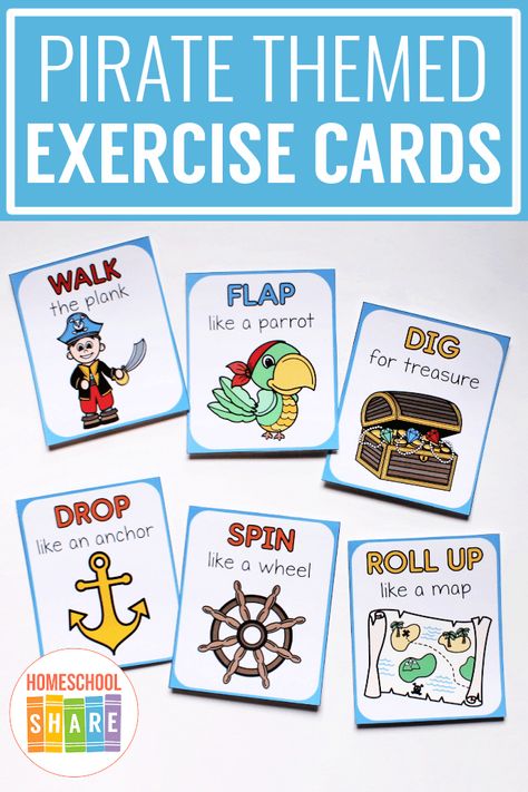 Pirate Exercise Cards – Homeschool Share Pirate Alphabet Letters Free Printable, Pirate Unit Preschool, Pirate And Mermaid Theme Preschool, Pirate Pre K Activities, Pirate Gross Motor Activities, Pirate Lesson Plans For Preschool, Pirate Lesson Plans, Pirates School Theme, Pirate Crafts Preschool