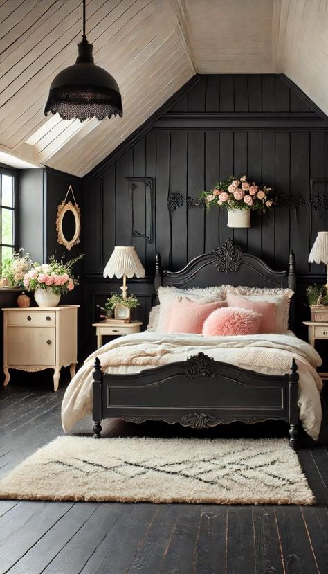 15+ Cozy Black Bedroom Ideas for the Ultimate Comfort 54 Main Bedroom Feature Wall Ideas, Dark And Moody Bedroom Ideas, Monochromatic Bedroom Ideas, Black Furniture Bedroom Ideas, Black Farmhouse Bedroom, Monochromatic Bedrooms, Farmhouse Guest Bedroom Ideas, Moody Farmhouse Bedroom, Cozy Black Bedroom