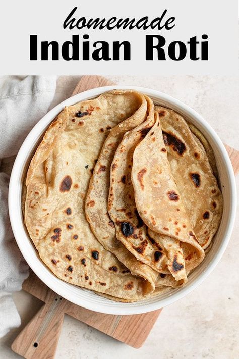 Making roti at home is simple and the results are so delicious! It's perfect for serving alongside any Indian meal, tear it into pieces and scoop up bites of food with the soft bread! Roti Recipe Indian, Homemade Roti, Chapati Recipes, Puding Roti, Pembuat Roti, Roti Recipe, Flatbread Recipes, Paneer Recipes, Chapati