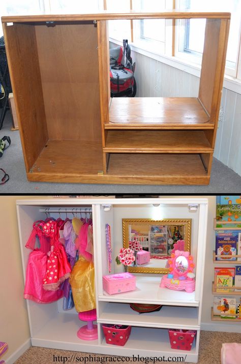 Diy Dress Up Storage, Dress Up Stations, Old Entertainment Centers, Dress Up Closet, Dress Up Storage, Diy Kids Furniture, Entertainment Center Makeover, Entertainment Center Repurpose, Entertainment Center Decor