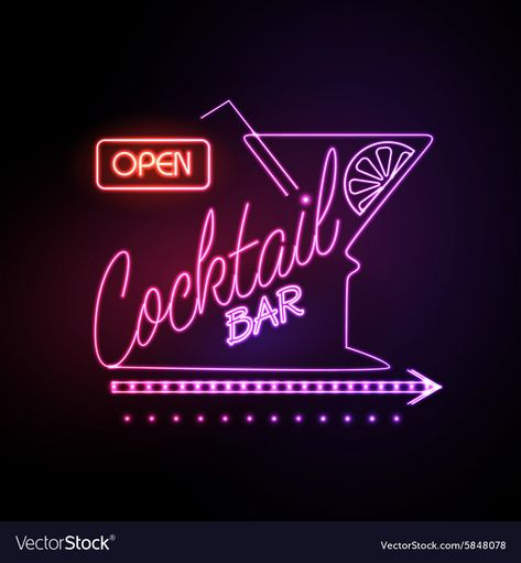 Cocktail Bar Neon Sign, Neon Signs For Bar, Cocktail Neon Sign, Neon Bar Design, Bar Logo Design Ideas, Bar Logo Design, Bar Images, Bar Illustration, Cocktail Bar Sign