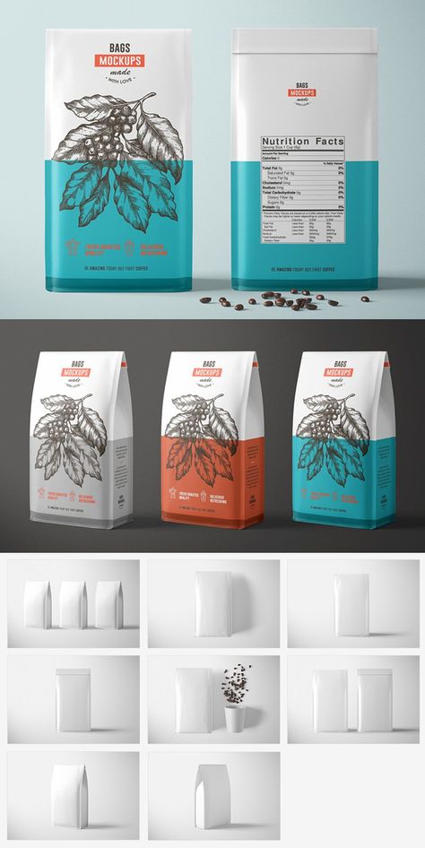 Paper Coffee Bag Mockup Set Tea Website, Paper Bag Design, Product Packaging Design, Coffee Pack, Packaging Template Design, Coffee Box, Paper Pouch, Packaging Template, Creative Box