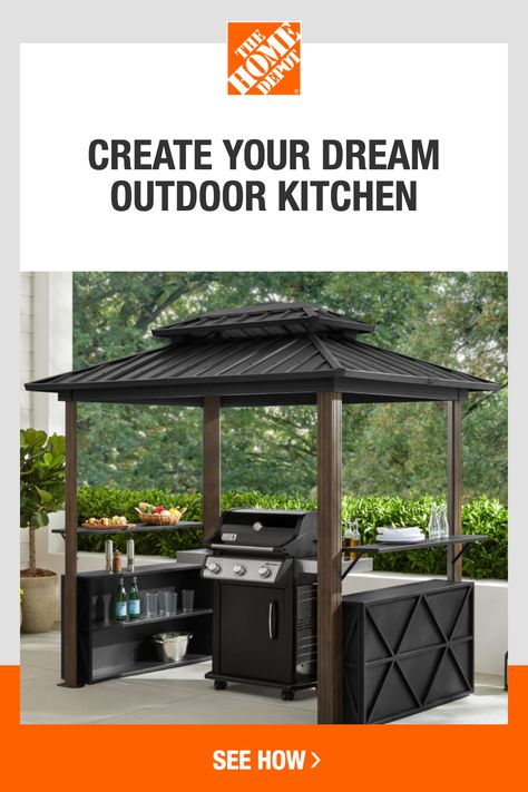 Create a space to entertain and enjoy family meals with help from The Home Depot. Outdoor kitchens not only create a perfect spot to entertain, but they also add living space to your home. Tap to explore a variety of outdoor kitchen designs and backyard kitchen ideas with The Home Depot. Outdoor Cooking Spaces, Diy Backyard Patio, Kitchen Ikea, Grill Gazebo, Outdoor Kitchen Ideas, Backyard Kitchen, Kitchen Outdoor, Backyard Remodel, Kitchen Farmhouse