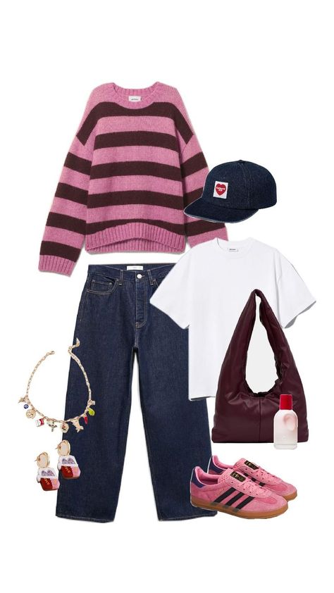 Pink Adidas Outfit, Pink Bags Outfit, Dark Pink Sweater, Adidas Gazelle Outfit, Striped Oversized Sweater, Striped Sweater Outfit, Barrel Leg Jeans, Adidas Gazelles, Baggy Outfit Ideas