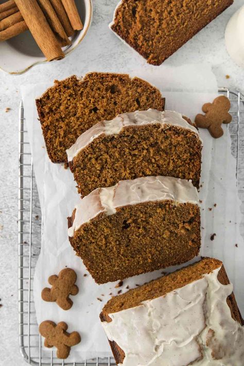 Gingerbread Cake Icing Recipe, Ginger Loaf Bread, Iced Gingerbread Loaf, Best Gingerbread Loaf Recipe, Gingerbread Bread Recipe, Spiced Gingerbread Loaf, Easy Gingerbread Loaf, Molasses Dessert Recipes, Sourdough Gingerbread Cake