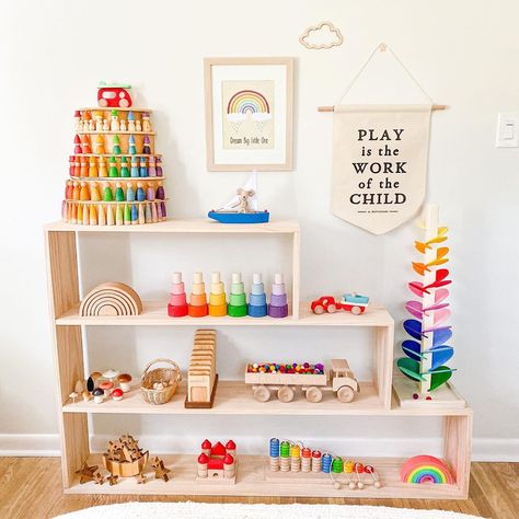 Oak & Ever on Instagram: “Finally a sunny bright morning here, makes this shelf look so cheery 🌞 . . . 🦋Want to W*I*N a toy or shop credit🦋 Comment on any posts…” Toy Room Ideas, Music Nursery, Magic Wood, Rainbow Marble, Rainbow Playroom, Colorful Playroom, Montessori Bedroom, Corner Ideas, Baby Playroom