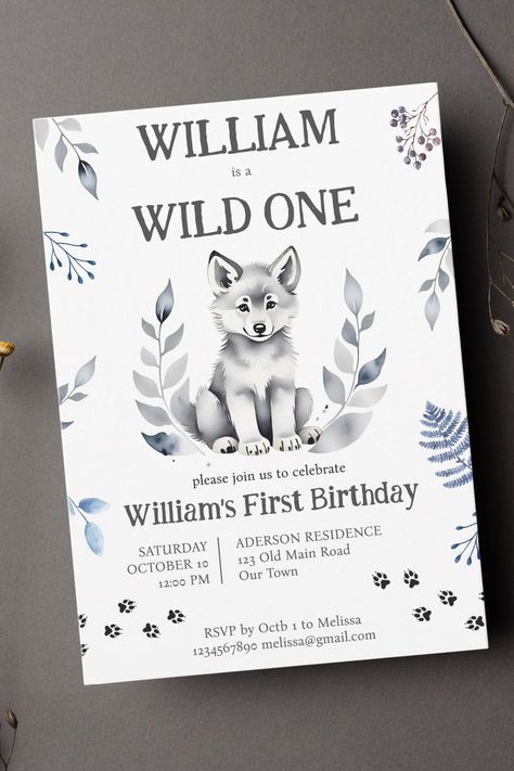 Wolf themed wild one woodlands birthday party template invitation instant download cute wolf cub pup nice for fall winter time and for people who love wolves and wildlife adventures Wolf First Birthday, Wolf Theme Baby Shower Ideas, Wolf Birthday Party Ideas, Wolf Themed Birthday Party, Woodlands Birthday Party, Woodlands Birthday, Wolf Party, Wolf Birthday, Birthday Party Template