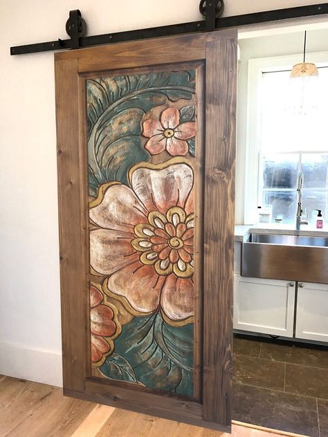 Murals On Doors, Painted Interior Doors Ideas, Old Door Ideas, Wood Door Design, Carved Wooden Door, Stenciled Doors, Boho Door, Moroccan Doors, Painted Interior Doors