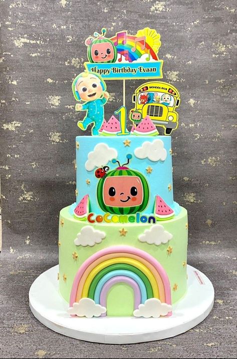 Cute Cocomelon Cake, Coco Melon Cake Design, Coco Melon Birthday Cakes, Cocomelon 2 Tier Cake Design, Coconelon Boy Cake, 2 Tier Cocomelon Themed Cake, Cocomelon Cake 1st Birthday, Cocomelon Cake For Boys, Cocomelon Cake For Girl